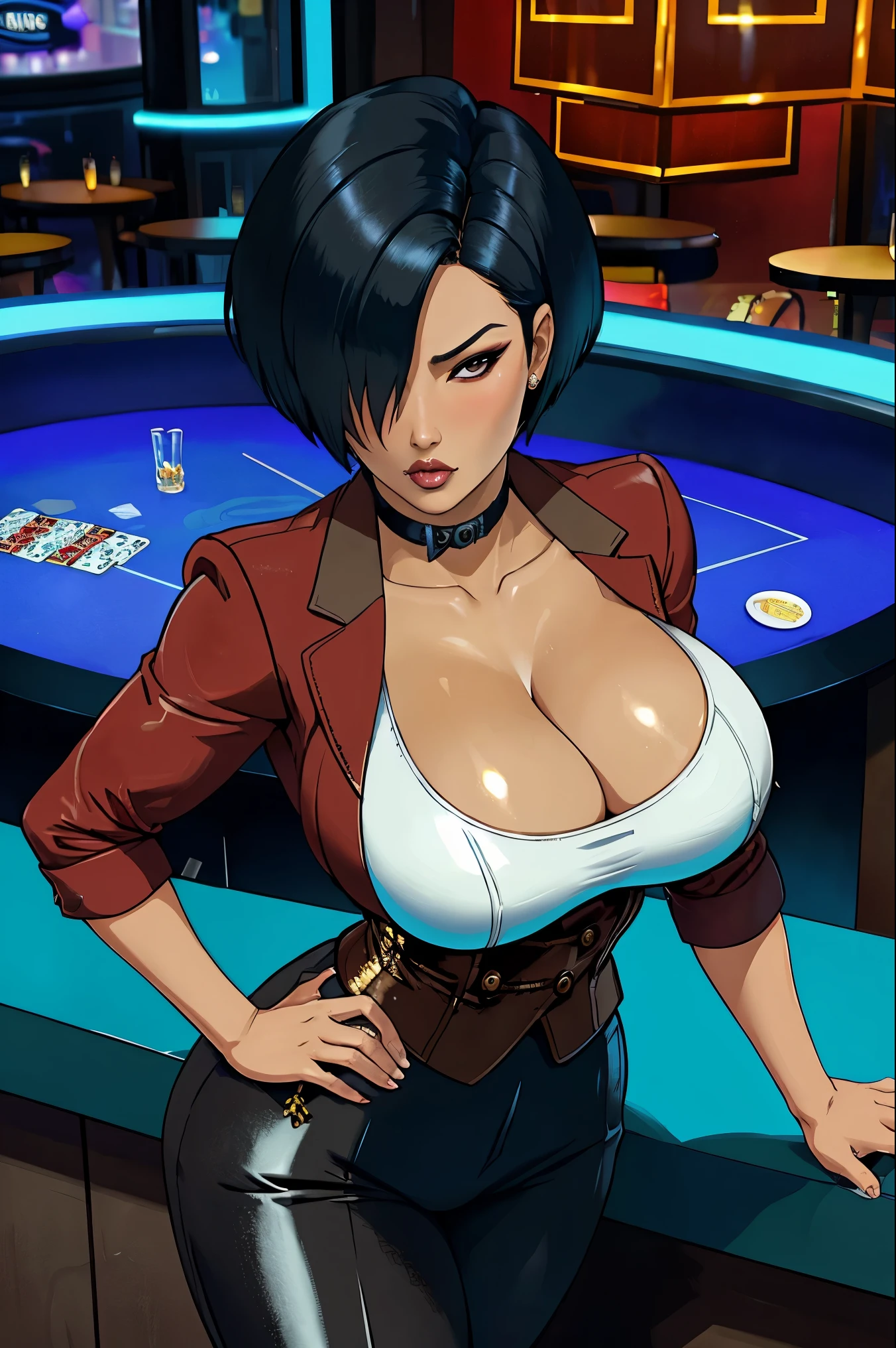 kiko, short hair, hair over one eye, asian, tanned skin, tanned, 35yo, mature woman, milf, serious, mad, dangerous, white female suit, cleavage, big breasts, suit pants, standing, serving drinks in a bar top of a casino, shiny design, cristal design, diamond pattern, elegant waitress