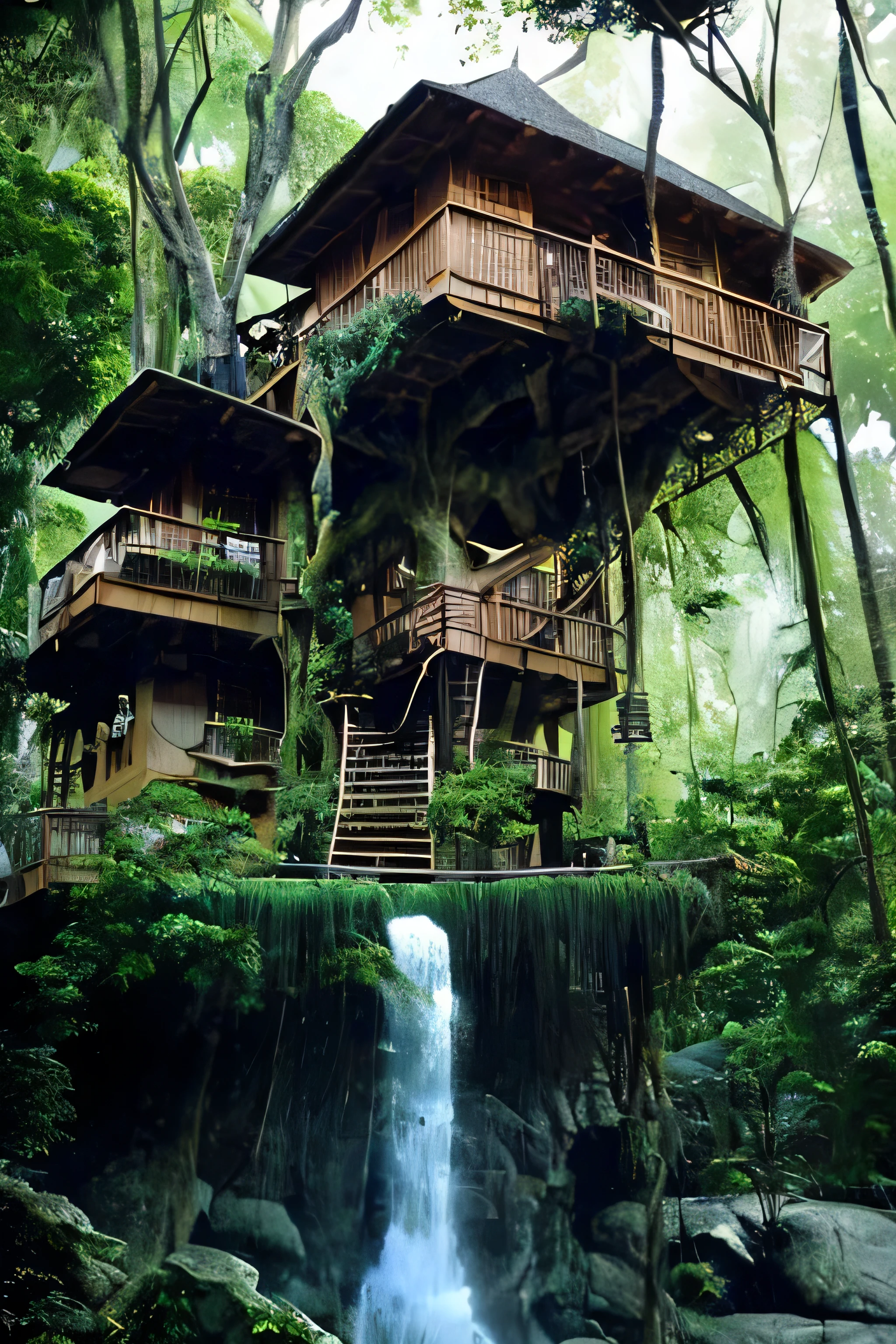 Perfection The Coolest tree house on a large rock in the middle of the jungle in The morning with waterfall, flowers in front of the house and trees on both sides of the house