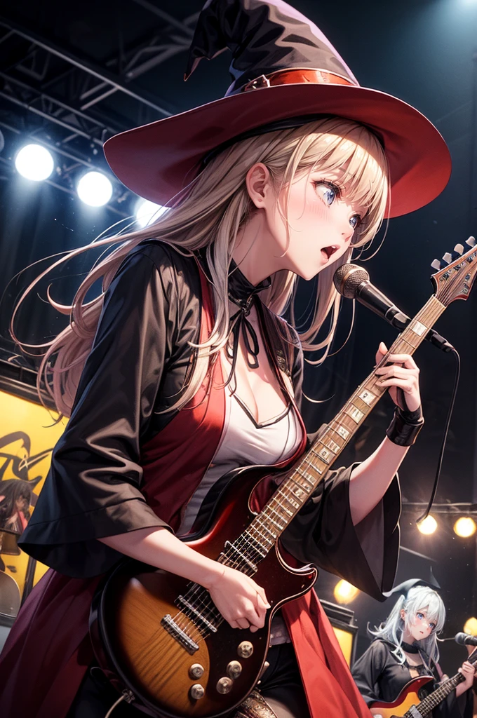 A three-woman metal band dressed in witch costumes、Arrived in Japan and held a mass at a live venue、Neck slashing pose、The intense performance was a huge success、Metal band performance、Fearless expression、Live venue lighting、The band's concept was a reaction to the witch hunts that swept through medieval Europe.、Electric guitar