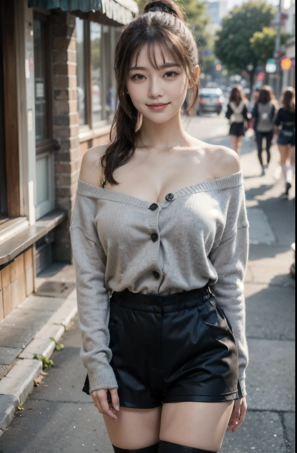 1 Female,40s,masterpiece,highest quality,Futao (Genshin Impact),Butao,ponytail,Brunette,alone,Symbol pupil,Long Hair, Finger Heart, bangs, Black shorts,(Very detailedな CG Unity 8k 壁紙), (masterpiece), (highest quality), (Very detailed), (Best illustrations), (Best Shadow), (Realistic:1.4), One girl on the street, ((Very oversized sweater, Button sweater, open sweater), (Gray Hair:1.1), clavicle, (Mid-breasted: 1.3), Audience, smile, whole body, (Latax clothing, Latax Stockings, soft smile, Smooth texture of the garment),