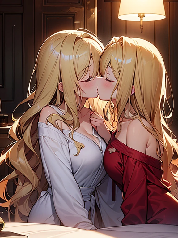 Tabletop, highest quality,figure, wallpaper, Super detailed, Absurd beauty、(night、Dimly lit room)、((Two beautiful girls、))、(((Kiss)))、(Blonde、Medium Hair、Wavy Hair)、Very large breasts、Close your eyes、Bathrobes、Off the shoulder、Shyness