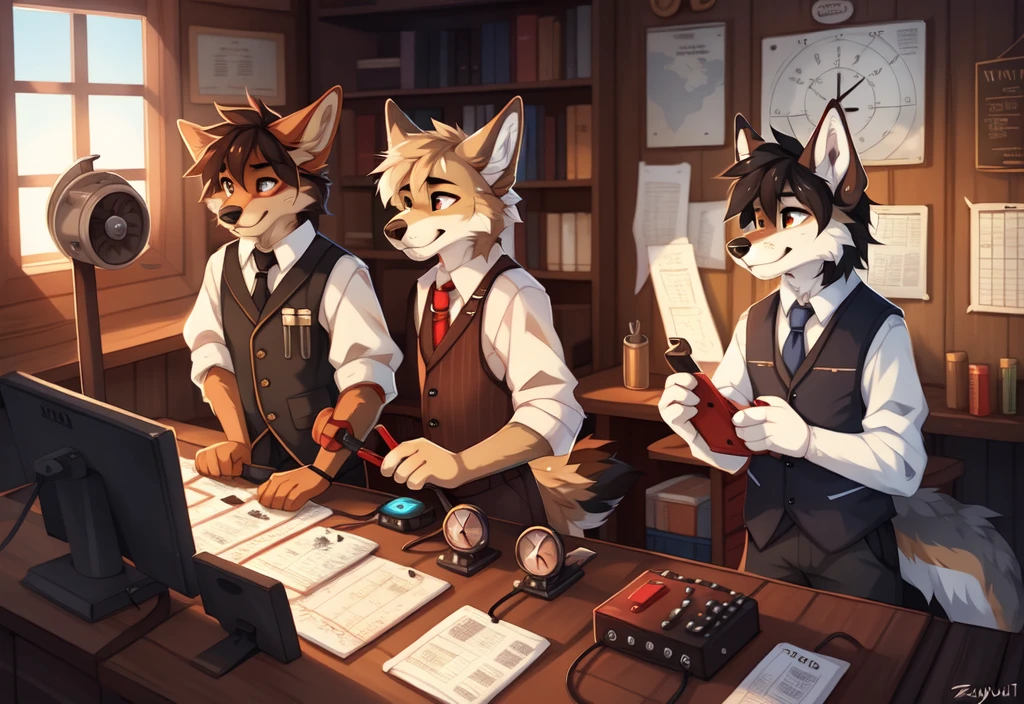 full body,Male,coyote,railroad SIGNALMAN,old time SIGNALMAN,Black vest with white sleeves and blue tie,((SIGNALMAN pulls the lever)),In the old time office,A row of joysticks,old time railroads map,Old Time Railroads Instrumentation,old time signal box,Mechanical wall clock,Old wooden hand-crank telephone,((by keihound, by reysi)), by Zackary911, by hyattlen, by fumiko, by fluff-kevlar, Furry, Anthro,