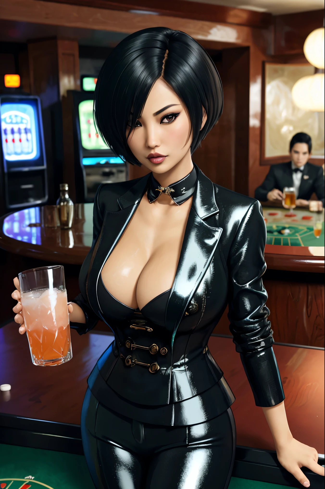 kiko, short hair, hair over one eye, asian, tanned skin, tanned, 35yo, mature woman, milf, serious, mad, dangerous, white female suit, cleavage, big breasts, suit pants, standing, serving drinks in a bar top of a casino, shiny design, cristal design, diamond pattern, elegant waitress