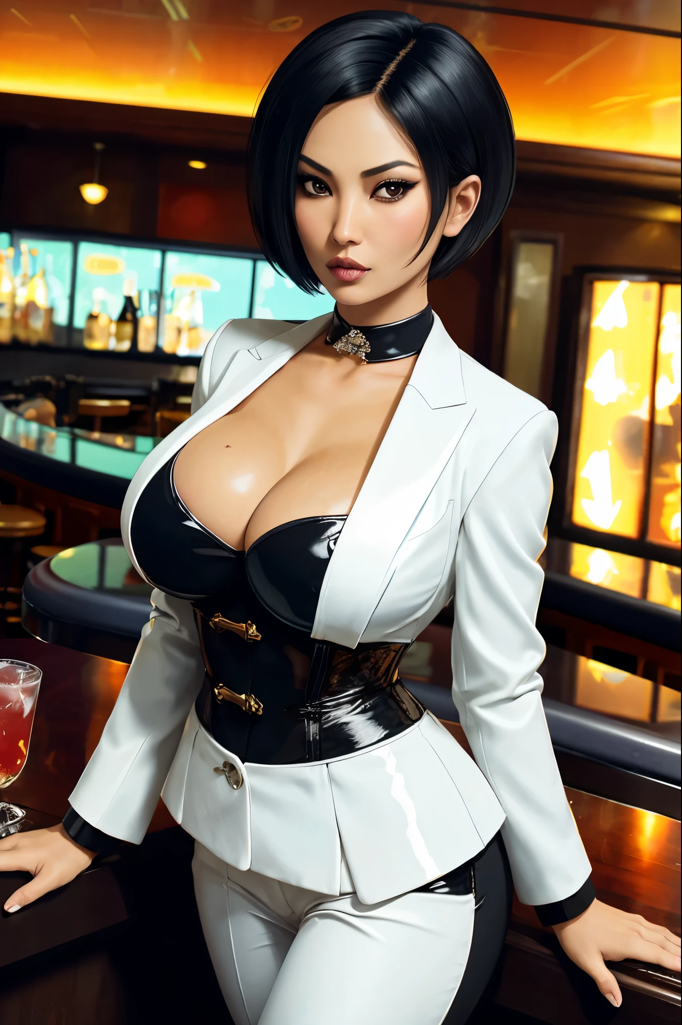 kiko, short hair, hair over one eye, asian, tanned skin, tanned, 35yo, mature woman, milf, serious, mad, dangerous, white female suit, cleavage, big breasts, suit pants, standing, serving drinks in a bar top of a casino, shiny design, cristal design, diamond pattern, elegant waitress