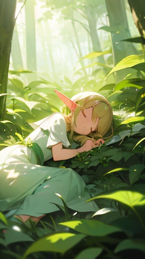 Elf girl sleeping in the forest、Blonde、Long ears、White and light green dress、flower、Sunlight filtering through the trees、Swaying Grass
