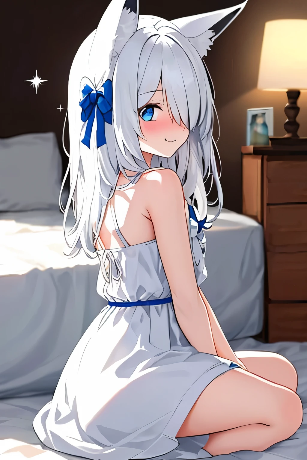 1girl, fox ears, blue eyes, white hair, hair over one eye, from side, pov, sitting, bed sheet, light, nose blush, light smile, white dress, blue bow, sparkle,