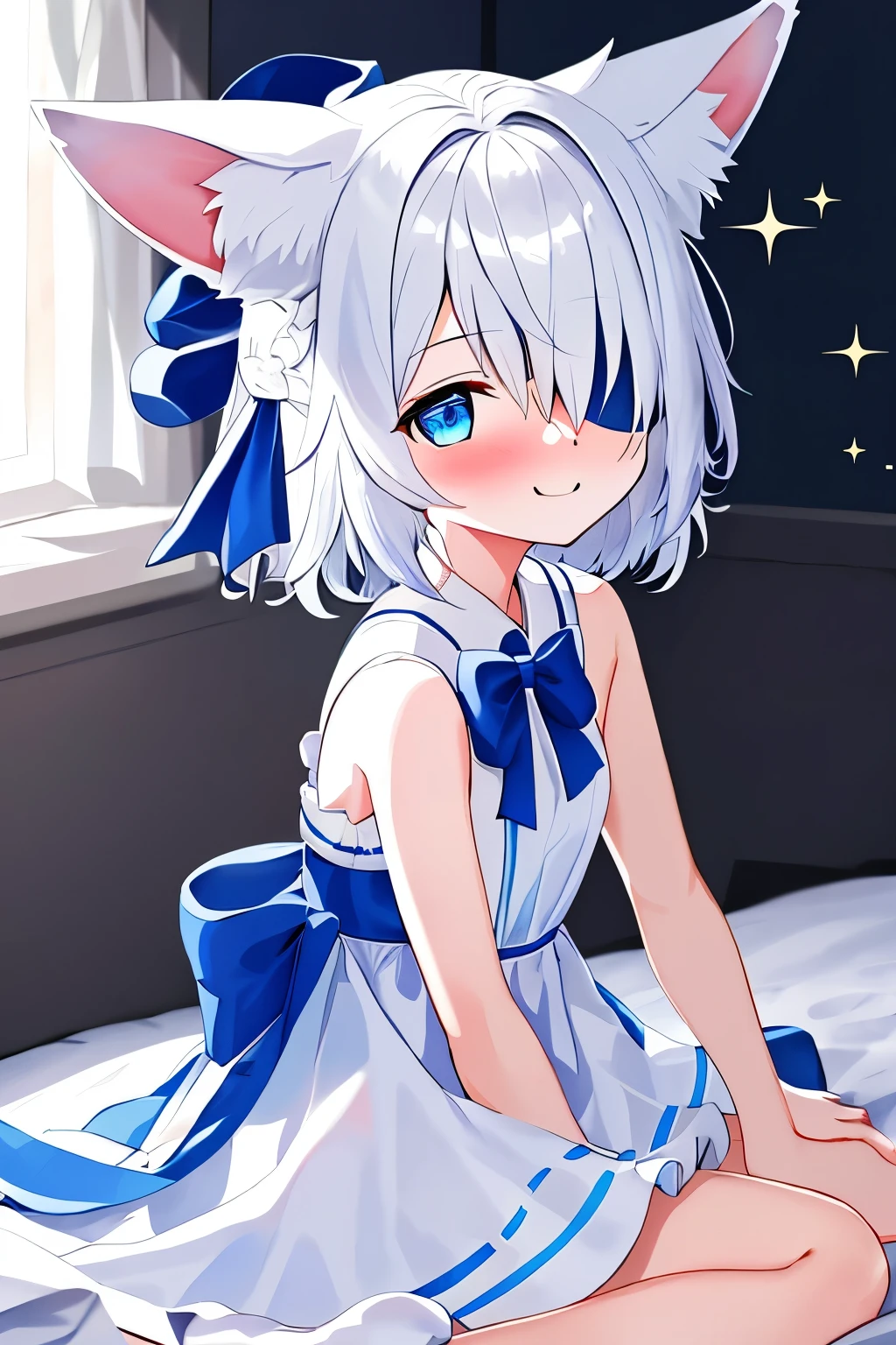 1girl, fox ears, blue eyes, white hair, hair over one eye, from side, pov, sitting, bed sheet, light, nose blush, light smile, white dress, blue bow, sparkle,