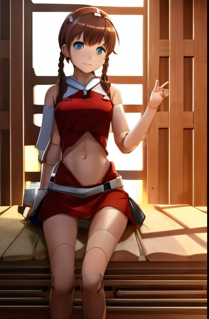 A Female robot is sleeping in the book, spread legs, nude, banzai pose. she wears no dress. She Brown short hair is tied with two big red clothespins, She lifts up the under hem of her white plain dress, leaning over, masterpiece, very short pigtails,brown hair, mature, android, blue eyes, full body figure, Height: 160cm, flushed cheeks, 2020s anime picture, A beautiful robot with short brown hair in two short pigtails held up by two very large huge red clothespins, Uplifting, No NSFW, whole body, barefoot, archaic smile, getting orgasm, 25 years old, sweat bucket.