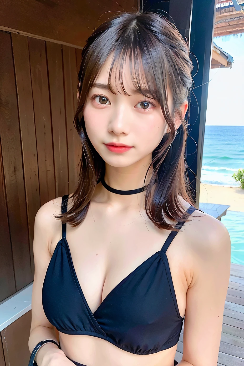 top-quality、超A high resolution、(Photorealsitic:1.4)、1 girl、Small swimsuit in pink、Black choker、(faded ash gray hair:1)、(huge-breasted:1.2)、looking at viewert、a closeup、