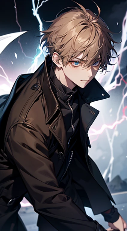 20歳のmens子1人, aura, Biribiri, black_background, Bi色_eye,Biく光るeye,Bi_fire, zone, Brown Hair, anger, coat, crystal, electricity, energy, burn, _BlAnd_eye, lightning, length_sleeve, look up_in_Audience, magic, mens_concentrated, black_coat, simple_background, 一人in, bodyの上部_body, white_