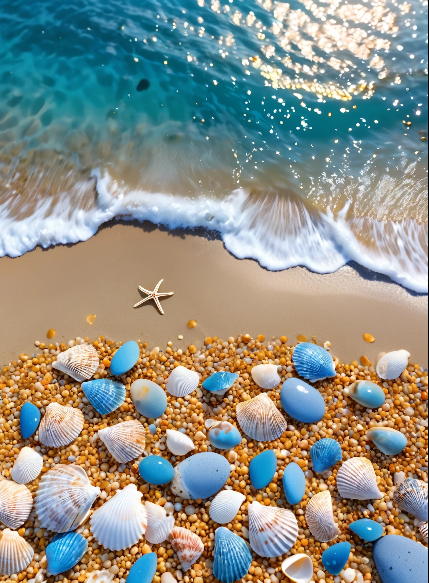 Overhead shot，Beautiful scenery，French Riviera，Shimizu，Small blue stones drifting on the golden beach，Beautiful shells，A cute little crab，Aesthetic，HD Wallpapers