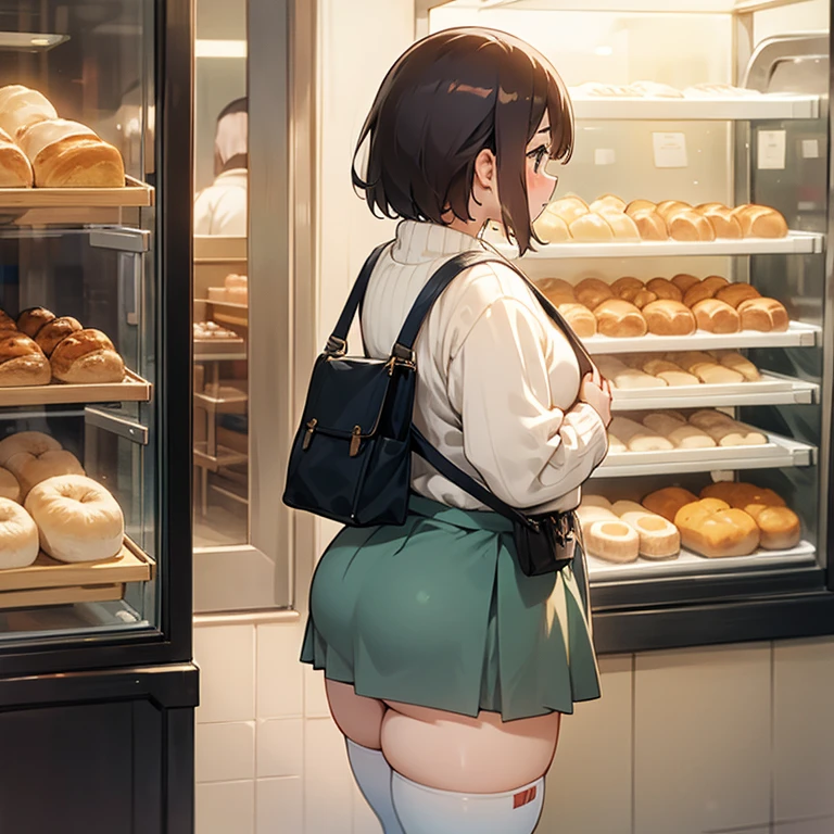 Solo female, chubby girl, plump, standing on sidewalk, looking through bakery window, sweater, skirt, purse, thigh high socks, from behind