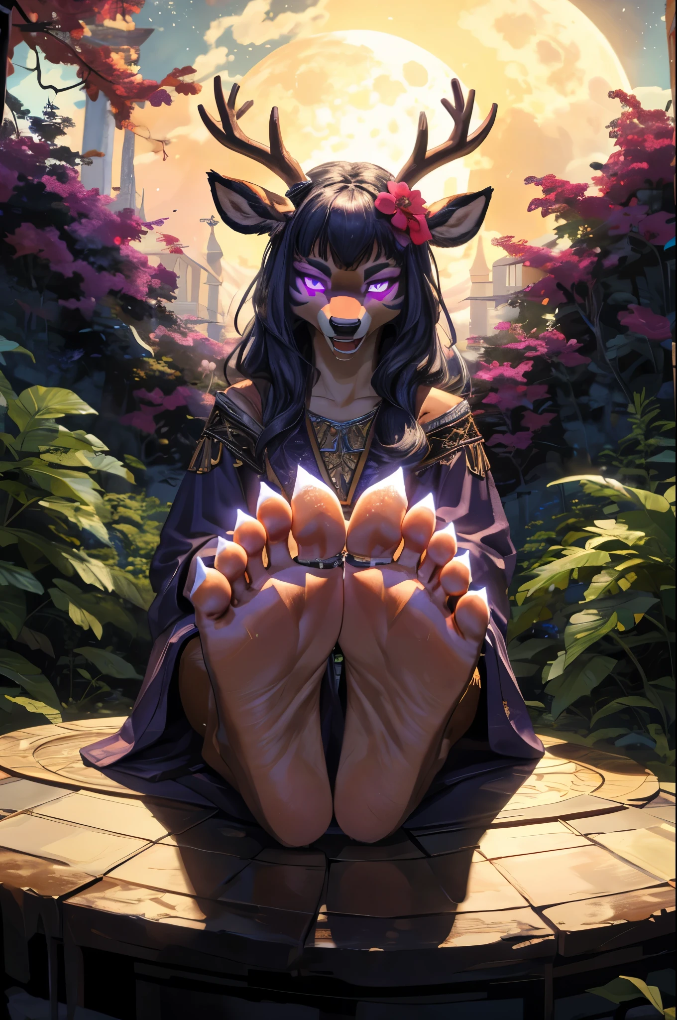 (((Barefoot furry character, full body, cinematic setting, furry female, plantigrade))), ((deeply hypnotised and extremelly drooling deer)) anthro with deep ((purple fur)), (wide open mouth) and glowing ((violet eyes)) in trance. Dressed in flowing, dark robes with belladonna flower motifs. The figure sits barefoot and showing ((nice feet soles)) in a moonlit forest surrounded by eerie nightshade plants, with ripe berries and ethereal moonlight casting shadows. The atmosphere evokes mystery and danger. BREAK, detailed background, 8K, (masterpiece:1.5), intricate details, highly detailed, extreme detail, octane render, fine art, best quality, highres, (detailed face:1.5), ((full_body)), UHD, (((perfect hands))), low light, (((SFW))), (((perfect feet)))