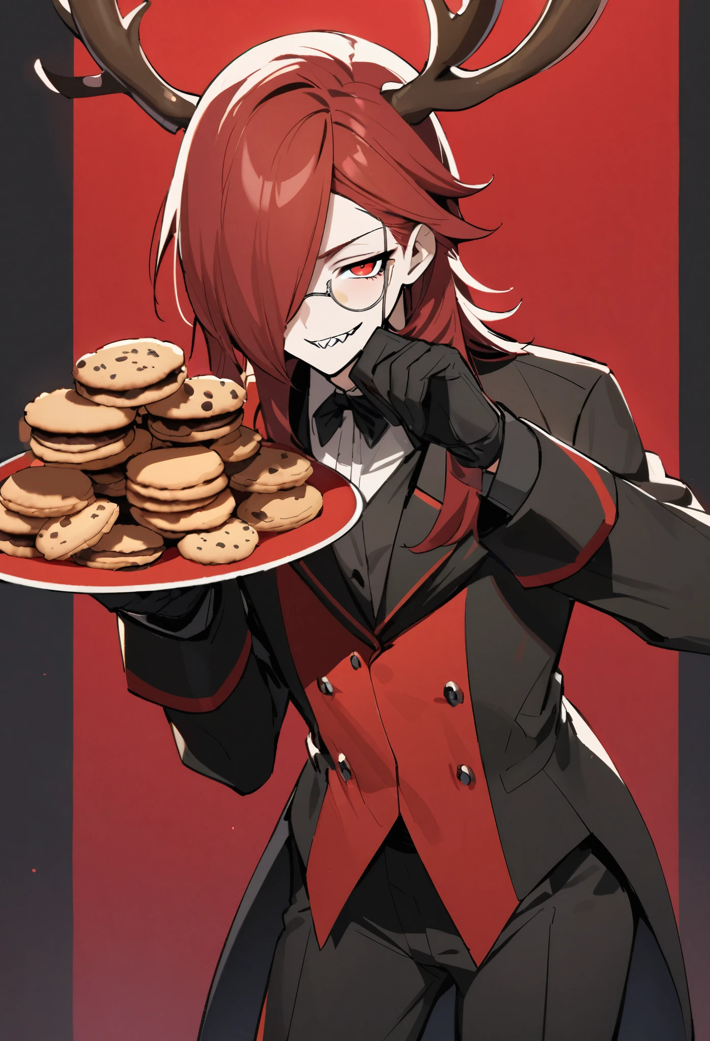 A very handsome tall man, slender, black gloves, spiked teeth, red eyes, long red hair, hair covering one eye, cute deer antlers on head, seductive smile, wearing red butlers suit, holding a platter of cookies, wearing a monocle pompous pose
