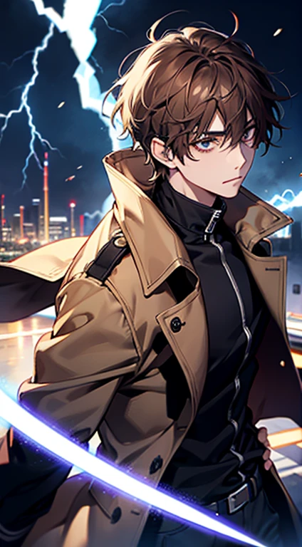 20歳のmens子1人, aura, Biribiri, black_background, Bi色_eye,Biく光るeye,Bi_fire, zone, Brown Hair, anger, coat, crystal, electricity, energy, burn, _BlAnd_eye, lightning, length_sleeve, look up_in_Audience, magic, mens_concentrated, black_coat, simple_background, 一人in, bodyの上部_body, white_