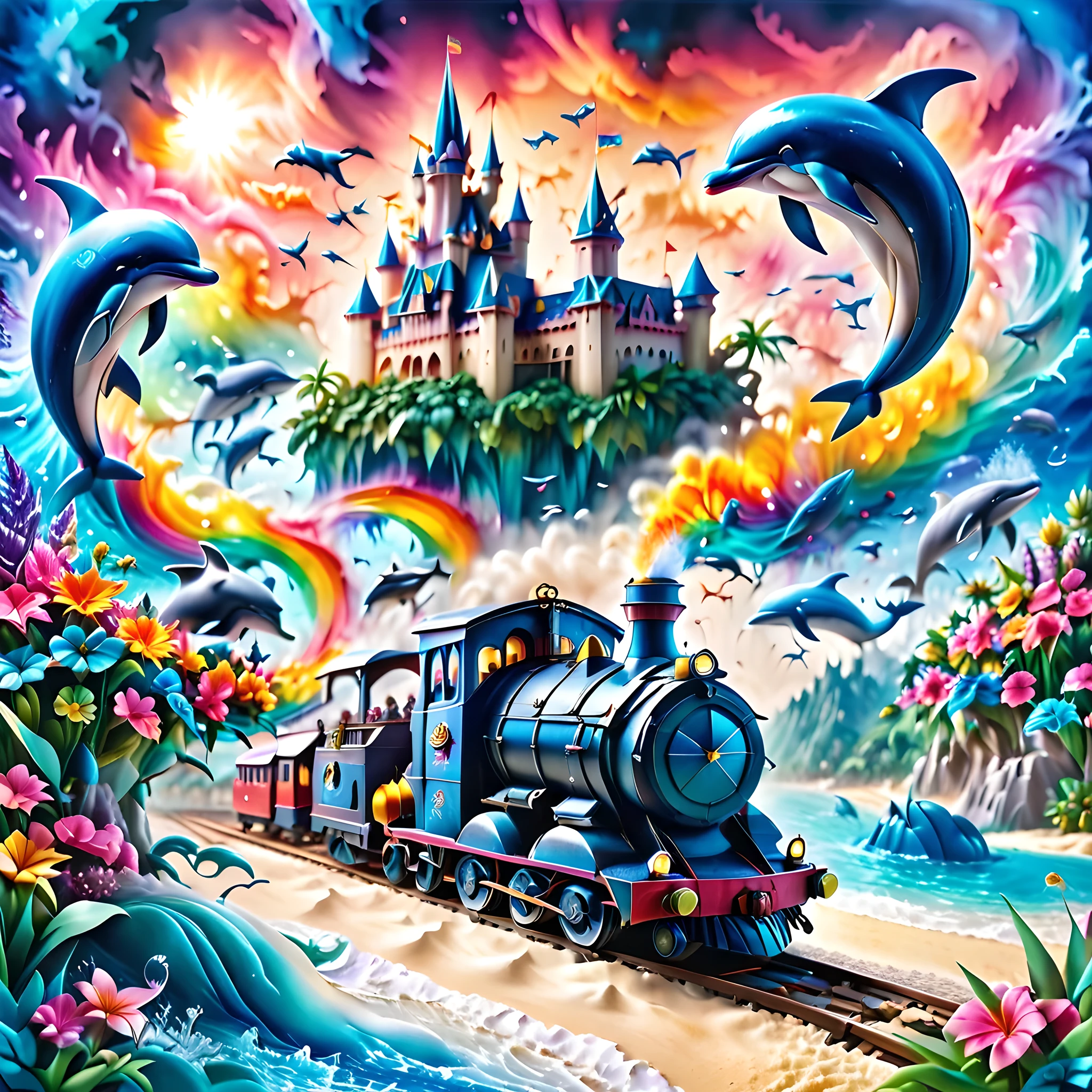 Illustration, fantasy, Dream castle on Caribbean island, White sand and blue sea, Whales and dolphins, Flowers, Nature, Rolling coaster round the castle, Pastel-coloured steam train round the castle, colourful