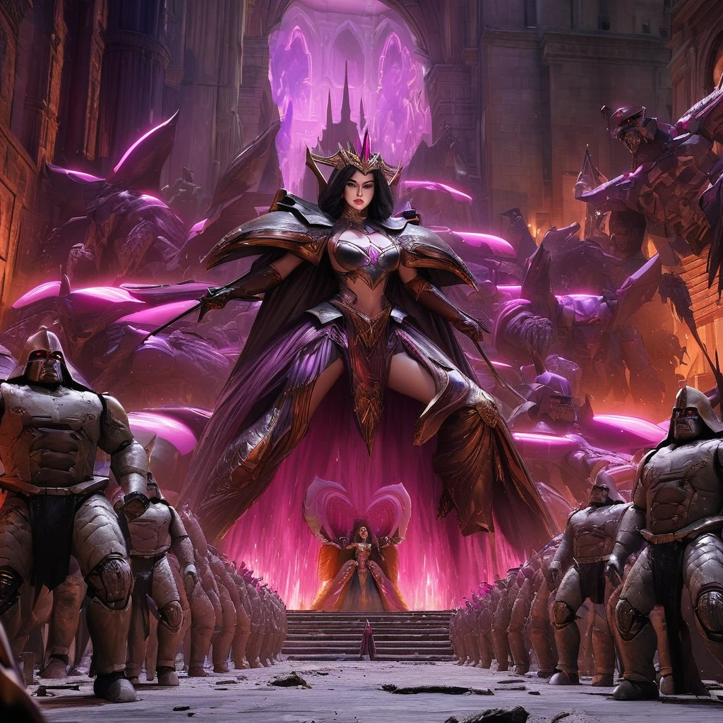 best quality,4k,8k,highres,masterpiece:1.2,ultra-detailed,realistic:1.37,Milana Aleksandrovna Vayntrub is a sexy villain leading an army of robots and monsters in the He Man universe. She is standing in front of Castle Grayskull, the stronghold of power. The atmosphere is intense with dark and dramatic lighting, adding a sense of mystery and danger. Milana's eyes are piercing and captivating, drawing you into her evil allure. She has beautifully detailed lips, exuding her confidence and seduction. Her long eyelashes flutter with mischief as she commands her army to attack. The robots and monsters behind her are menacing and powerful, ready to follow her every command. The scene is rendered in a medium that amplifies the intensity of her villainous presence, combining the elements of illustrations and 3D rendering. The colors are rich and vibrant, with a darker color palette to create a sinister ambiance. The composition is dynamic, capturing the action and chaos of the assault on Castle Grayskull. This prompt guarantees the generation of a high-quality, detailed, and realistic masterpiece that brings the He Man universe to life.