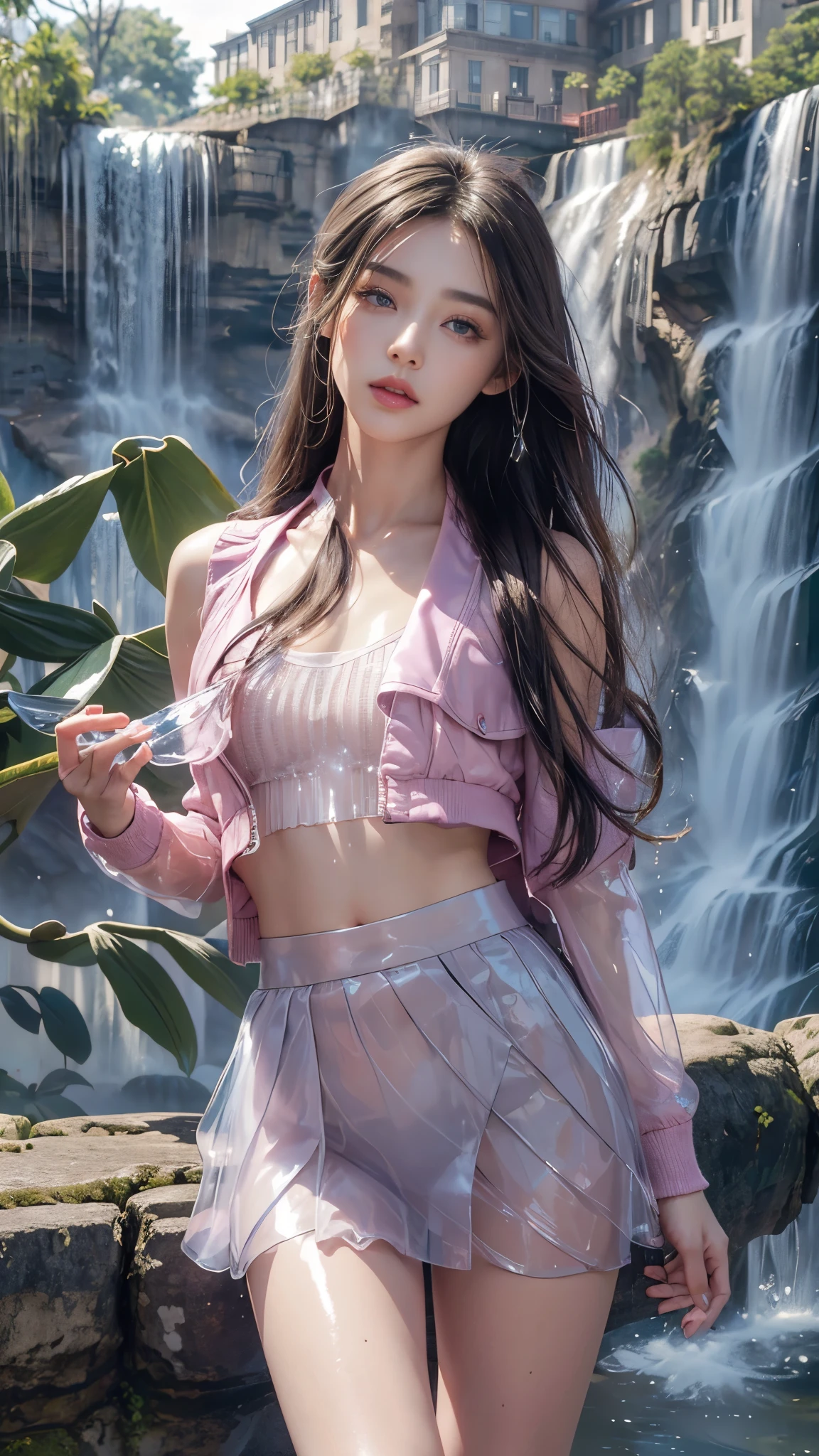 8k, masterpiece, 1 girl, beautiful face, ((very long hair)), glossy makeup, closed mouth, (glossy skin:1.5), detailed eyes, detailed lips, small bust, pink short jacket, lavender vest, ((transparent mini skirt)), ((under pants)), ((bare thigh)), straps clothing, (waterfall:1.5), steam effect, water vapor, adult pose,