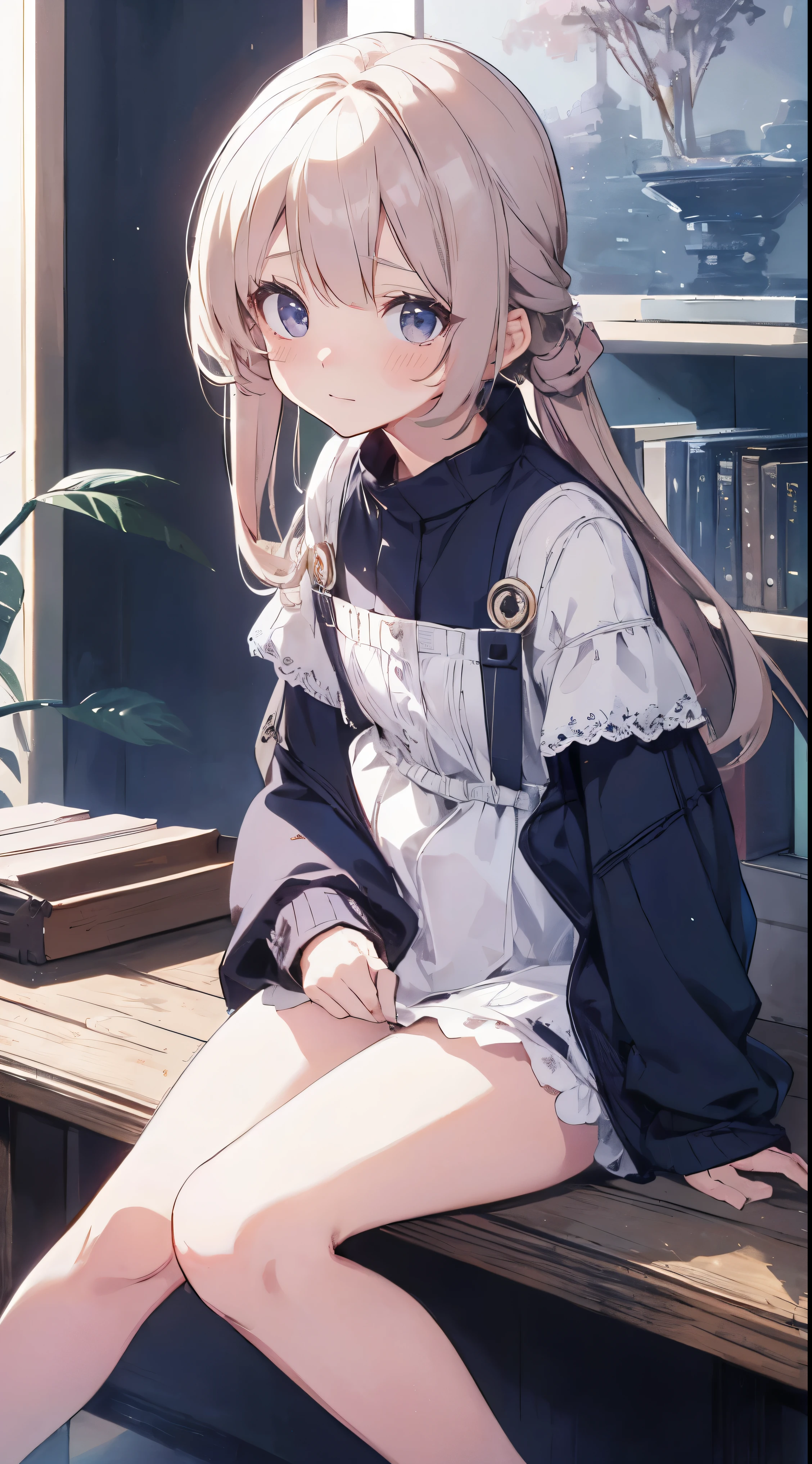 Masterpiece、Highest quality、highest quality、 ((((Petite))))、((Embarrassed))、Shiny hair quality、Small face、Sitting、Super detailed, beautiful, wide eyes、Ultra-detailed, clear and beautiful faces、(cute illustration:1.2), High-resolution, ultra-detailed, best quality, embarrassed、Thighs