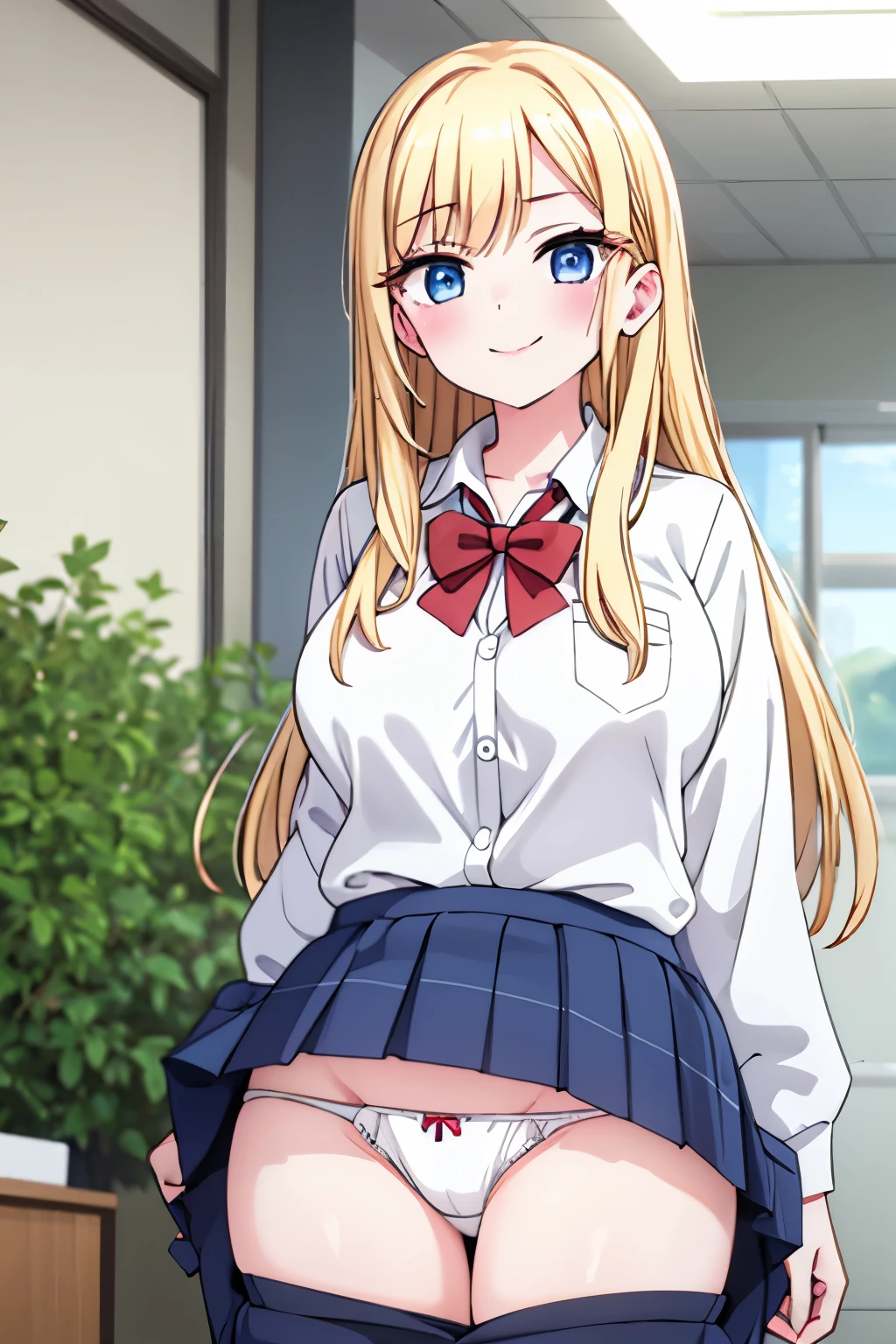 G-Cup masterpiece highest quality High resolution Big Breasts underwear sexy Adult female Blonde school uniform high school student Glaring eyes Mouth slightly open smile Long Straight Show me your pants