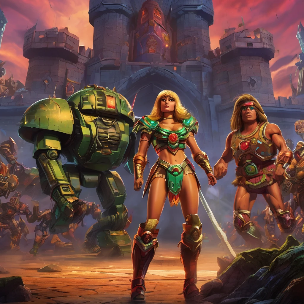 best quality,4k,8k,highres,masterpiece:1.2,ultra-detailed,realistic:1.37,Milana Aleksandrovna Vayntrub is a sexy villain leading an army of robots and monsters in the He Man universe. She is standing in front of Castle Grayskull, the stronghold of power. The atmosphere is intense with dark and dramatic lighting, adding a sense of mystery and danger. Milana's eyes are piercing and captivating, drawing you into her evil allure. She has beautifully detailed lips, exuding her confidence and seduction. Her long eyelashes flutter with mischief as she commands her army to attack. The robots and monsters behind her are menacing and powerful, ready to follow her every command. The scene is rendered in a medium that amplifies the intensity of her villainous presence, combining the elements of illustrations and 3D rendering. The colors are rich and vibrant, with a darker color palette to create a sinister ambiance. The composition is dynamic, capturing the action and chaos of the assault on Castle Grayskull. This prompt guarantees the generation of a high-quality, detailed, and realistic masterpiece that brings the He Man universe to life.