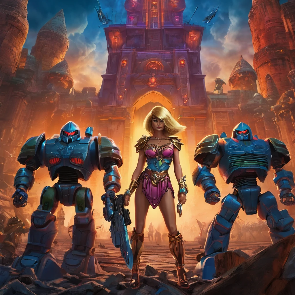 best quality,4k,8k,highres,masterpiece:1.2,ultra-detailed,realistic:1.37,Milana Aleksandrovna Vayntrub is a sexy villain leading an army of robots and monsters in the He Man universe. She is standing in front of Castle Grayskull, the stronghold of power. The atmosphere is intense with dark and dramatic lighting, adding a sense of mystery and danger. Milana's eyes are piercing and captivating, drawing you into her evil allure. She has beautifully detailed lips, exuding her confidence and seduction. Her long eyelashes flutter with mischief as she commands her army to attack. The robots and monsters behind her are menacing and powerful, ready to follow her every command. The scene is rendered in a medium that amplifies the intensity of her villainous presence, combining the elements of illustrations and 3D rendering. The colors are rich and vibrant, with a darker color palette to create a sinister ambiance. The composition is dynamic, capturing the action and chaos of the assault on Castle Grayskull. This prompt guarantees the generation of a high-quality, detailed, and realistic masterpiece that brings the He Man universe to life.