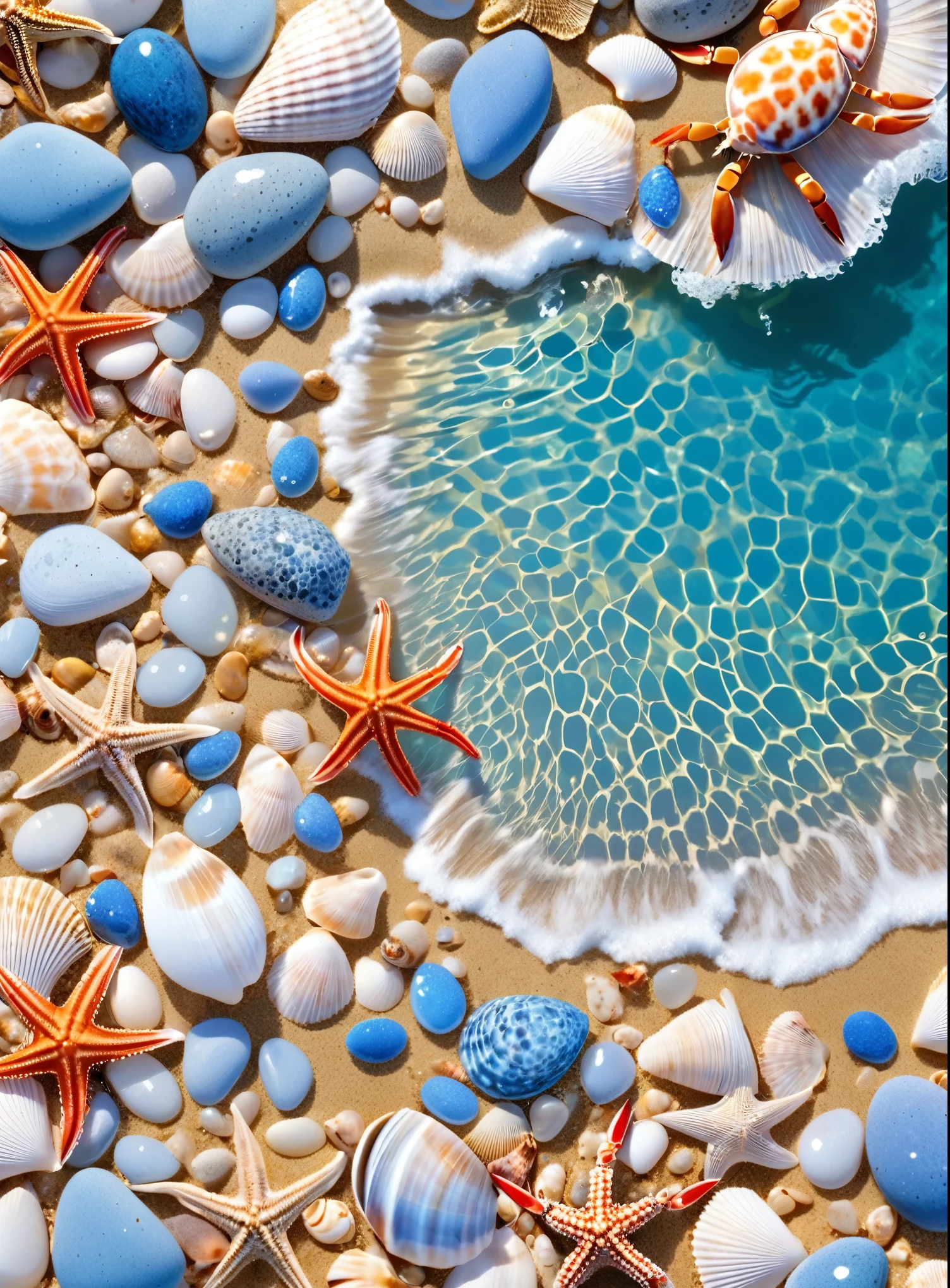 Overhead shot，birds eye view，Beautiful scenery，French Riviera，Shimizu，Small blue stones drifting on the golden beach，Beautiful shells，A cute little crab，Aesthetic，HD Wallpapers
