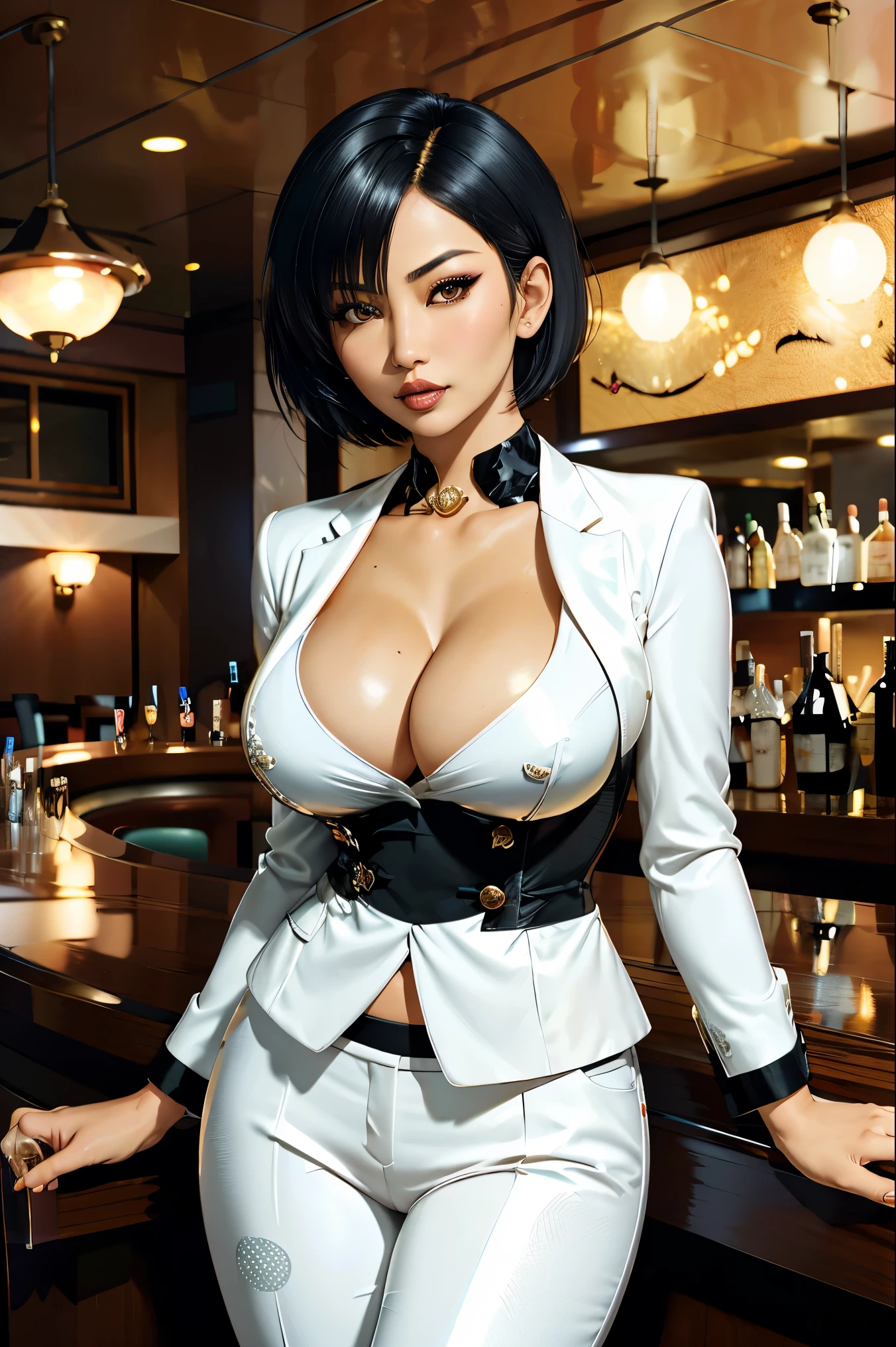 kiko, short hair, hair over one eye, asian, tanned skin, tanned, 35yo, mature woman, milf, serious, mad, dangerous, white female suit, cleavage, big breasts, suit pants, standing, serving drinks in a bar top of a casino, shiny design, cristal design, diamond pattern, elegant waitress