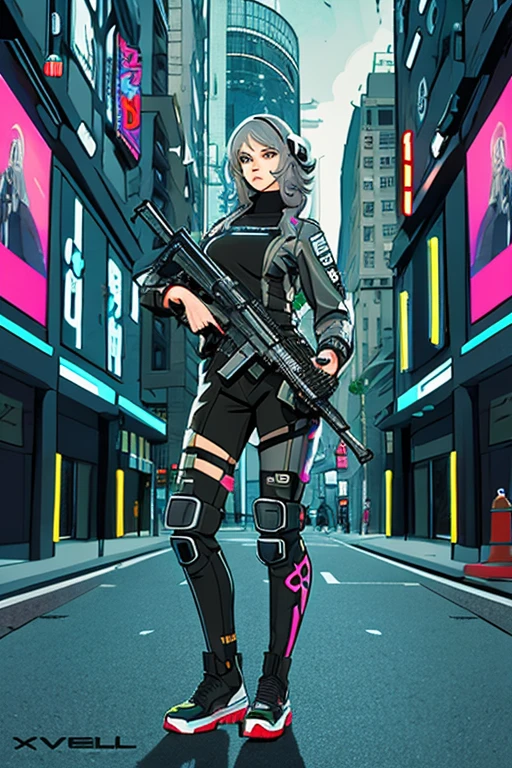 3D pixel art A Russian girl in her early 20s with curly ash-gray hair, clad in cyberpunk gear from head to toe, holding a high-tech scoped rifle. The background is a corner of a futuristic city.
