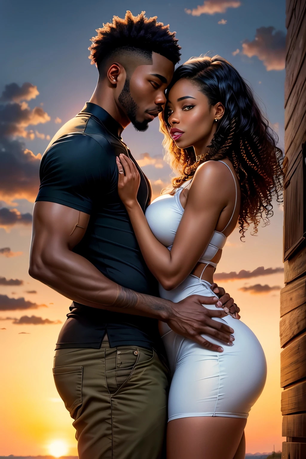 black man and black woman holding each other under the sun set