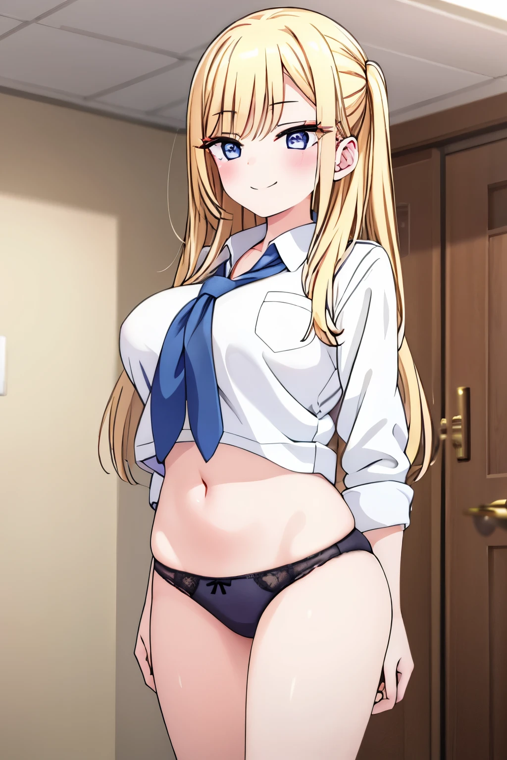 G-Cup　　masterpiece　highest quality　High resolution　　 Big Breasts　underwear　　sexy　Adult female　Blonde　school uniform　high school student　Glaring eyes　Mouth slightly open　smile　Long Straight　Show me your pants