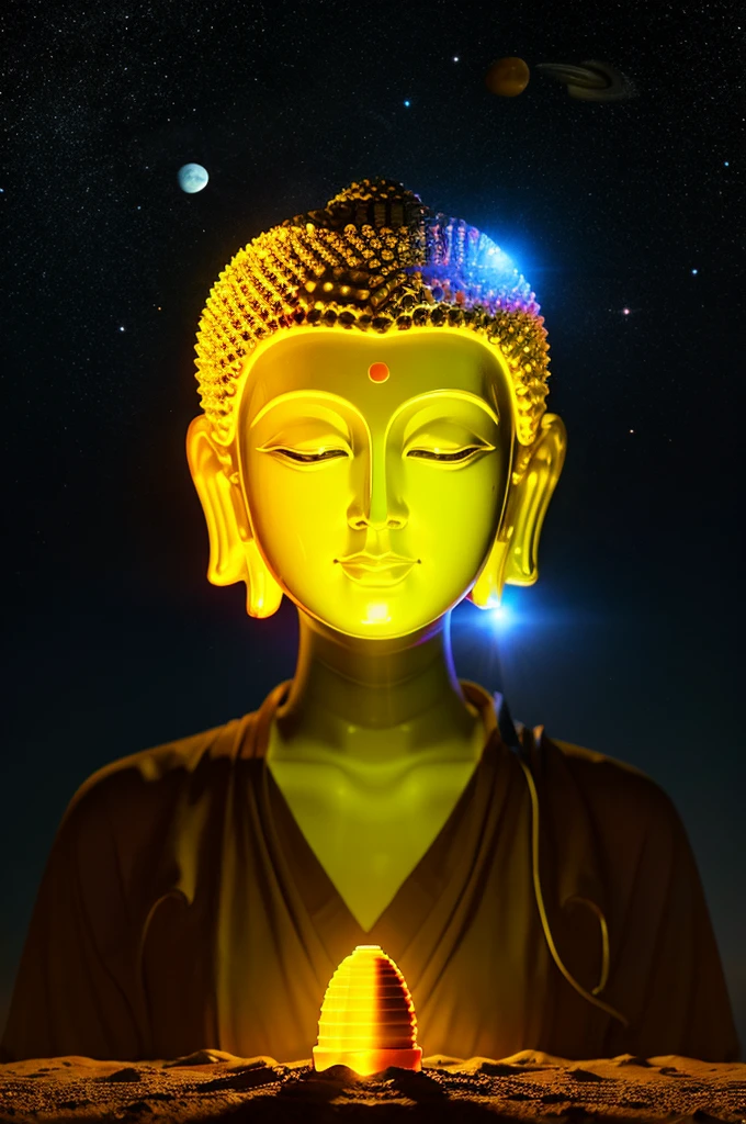 The huge transparent Buddha head is、Looking at the yellow planet in the soil of space,Glow effect,OC Rendering