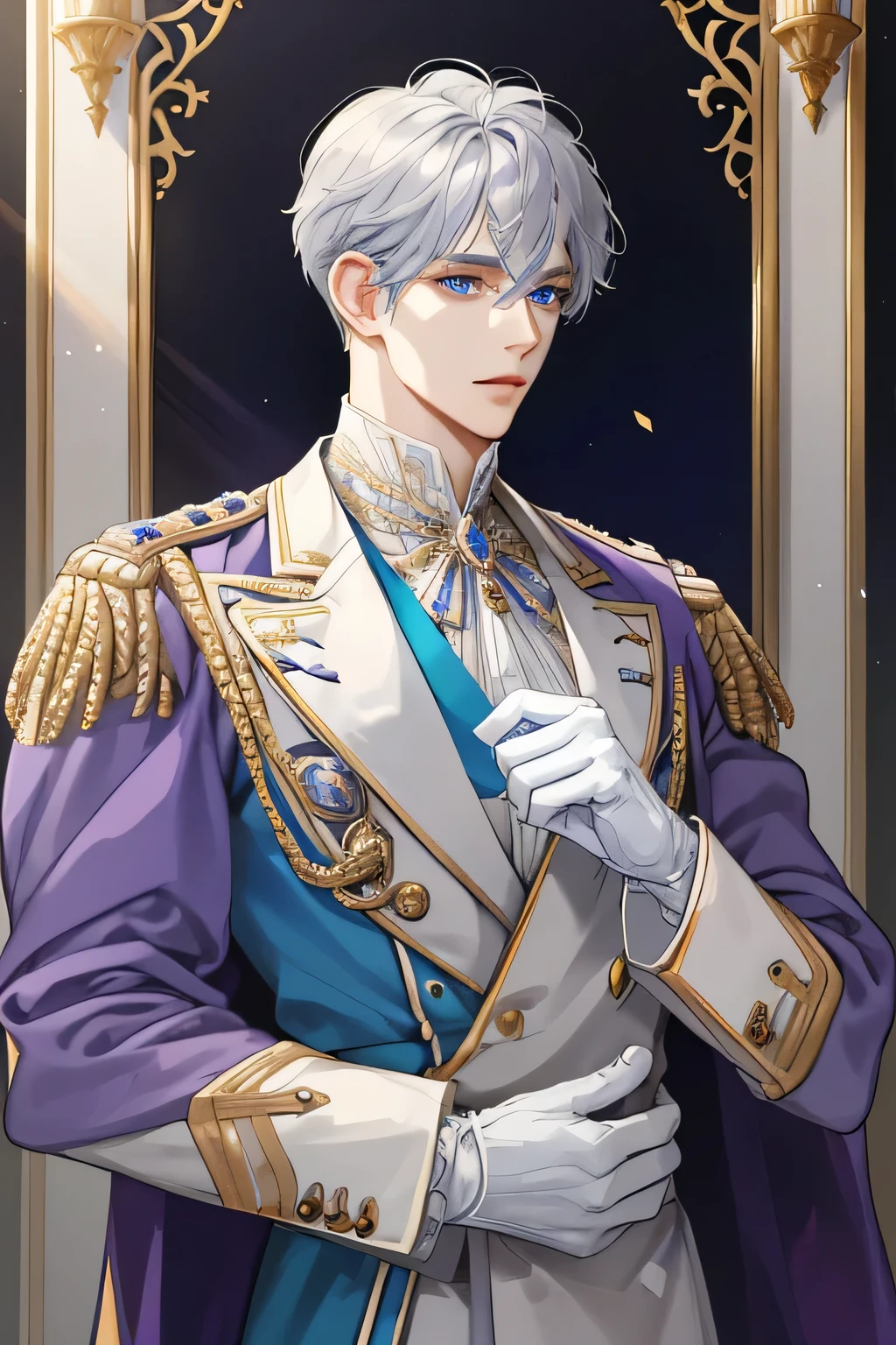 Prince, Young Man, male, 1boy, mature male, manly, shine, depicting Equal eyes, blue ice eyes (A Male god) Look at camera, depicting delicate facial features, gold uniform, white gloves, gothic style, ribbon, silver gray long curl hair, extreme detail, delicate depiction, light golden eyes, all colors except purple are low saturation, Only purple is the most conspicuous, royal, elegant, noble, royal dress