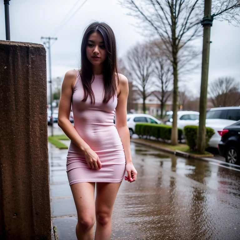 A girl is freezing in the rain in a short wet dress, panties visible under dress