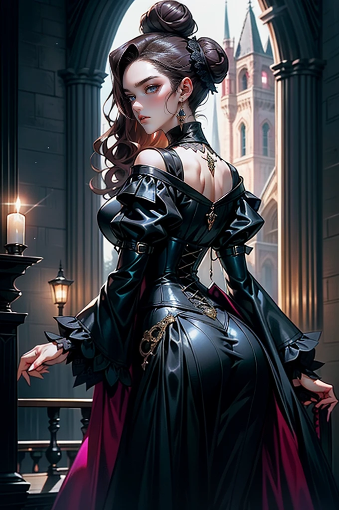 (masterpiece, top quality, best quality, official art, beautiful and aesthetic: 1.2), (1 woman: 1.3), long curly dark brown hair, ((fancy bun)), Victorian style, Victorian classic, extremely detailed, portrait, looking at the viewer, solo, (full body: 0.6), detailed background, close-up, mischievous eyes, (cold midnight castle theme: 1.1), vampire, long fangs, blood on chin, huge lips, charlatan, mischievous smile, mysterious, being seductive on the balcony, revealing gothic dress, extremely tight bodice, black costume, magenta skirts, off-the-shoulder, long sleeves, loose sleeves, black leather , cape, corset, black dress, fishnets, black high boots, buckles, straps, bags, glowing blood magic energy, dark magenta fabric, silver trim, black leather, extremely slim, slim waist, slim hips, medieval background (gothic castle exterior: 1.1), nocturnal, dark and mysterious lighting, shadows, magical atmosphere, Dancing lightly. backwadrs, Looking back. Very sexy, with chin resting on shoulder, abigail larson art style, perfect fingers