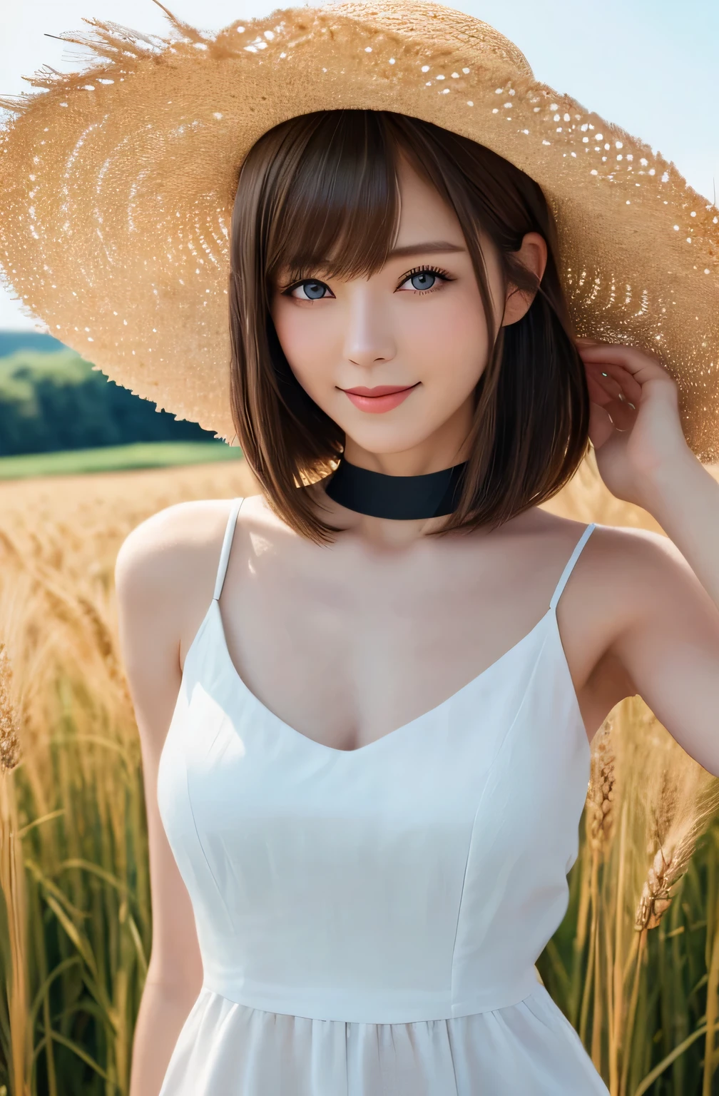masterpiece, 1 mature woman per photo, Cowboy Shot, Front view, Cute Japanese Pioneer Girl, Long Bob Hair, Very cute face, Glossy Lips, Double eyelids on both eyes, Natural Makeup, (Brown Hair , Long Bob Hair), Asymmetrical bangs, High resolution, Attention to detail, Detailed hairstyle, Detailed face, Cinema Lighting, Octane Rendering, Ultra-realistic, Perfect limbs, Perfect Anatomy, Black Choker, blue eyes, Big Breasts, ((The body is slim:1.5)), Cool Beauty, Slim face, smile, Fantasy World, Outdoor, ((Straight Long Hair)), Straw hat, A simple linen dress,  Vast wheat fields