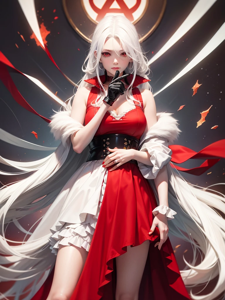 one-girl，White color hair，Red eyes，Bare legged，long whitr hair，Red coat, steampunc