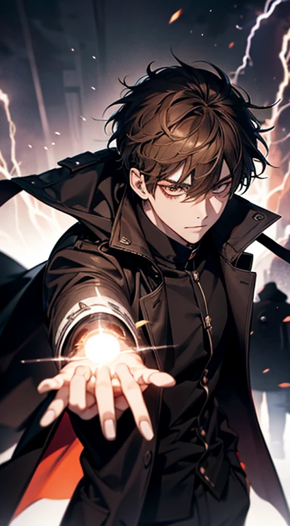 20歳のmens子1人, aura, Biribiri, black_background, Bi色_eye,Biく光るeye,Bi_fire, zone, Brown Hair, anger, coat, crystal, electricity, energy, burn, _BlAnd_eye, lightning, length_sleeve, look up_in_Audience, magic, mens_concentrated, black_coat, simple_background, 一人in, bodyの上部_body, white_