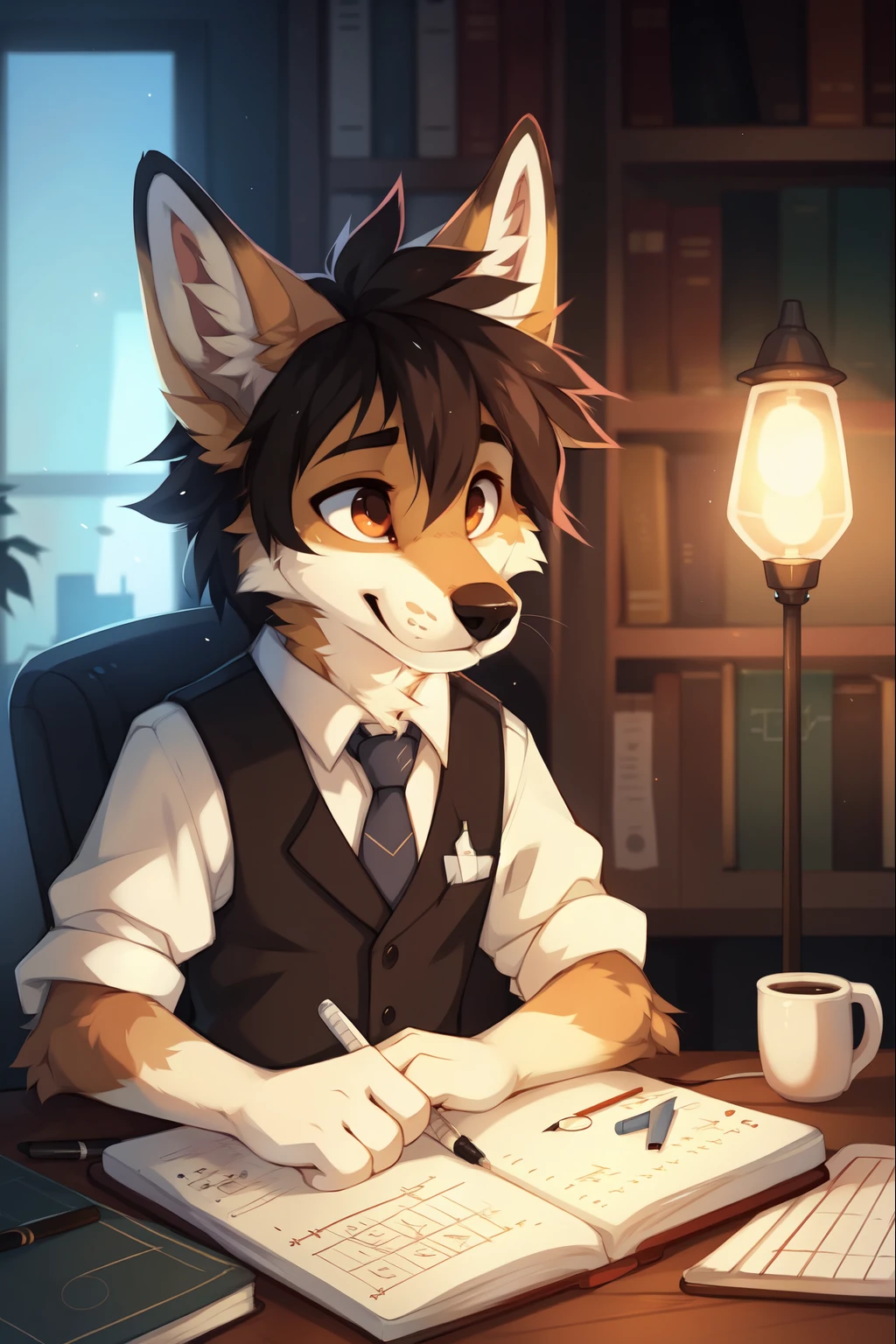 full body，Male，coyote，enginer，old time bookkeeper，Black vest with white sleeves and blue tie，reporter，notebook，In the old time office，old time incandescent lamp，engineering blueprint，Drawing the blueprint, ((by keihound, by reysi)), by Zackary911, by hyattlen, by fumiko, by fluff-kevlar, Furry, Anthro,