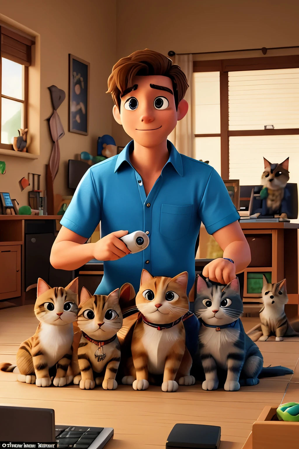 The Pet Whisperer: Create a scene where a young, kind-hearted man is surrounded by multiple pets (dogs, cats, a parrot) during a zoom call. His desk is chaotic with pet toys and treats, and one of the cats is playfully batting at the computer screen, while a dog lounges on a nearby sofa. and the man is working