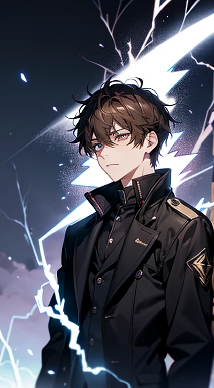 20歳のmens子1人, aura, Biribiri, black_background, Bi色_eye,Biく光るeye,Bi_fire,  zone, Brown Hair, anger, coat, crystal, electricity, energy, burn, _BlAnd_eye,   lightning, length_sleeve, look up_in_Audience, magic, mens_concentrated, black_coat, simple_background, 一人in, bodyの上部_body, white_