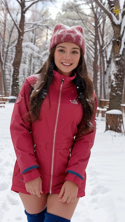 xoaeriel, a beautiful woman with wavy brown hair, ojos azules, nariz redonda, wearing a ski suit on a snowy day,traje rosa,Luz natural,en el bosque,hiperealista, usando ropa sexy para la nieve, doblando, en la nieve,Photoshoot,