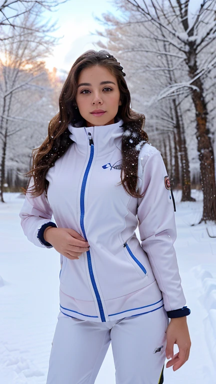 xoaeriel, a beautiful woman with wavy brown hair, ojos azules, nariz redonda, wearing a ski suit on a snowy day,traje rosa,Luz natural,en el bosque,hiperealista, usando ropa sexy para la nieve, doblando, en la nieve,Photoshoot,