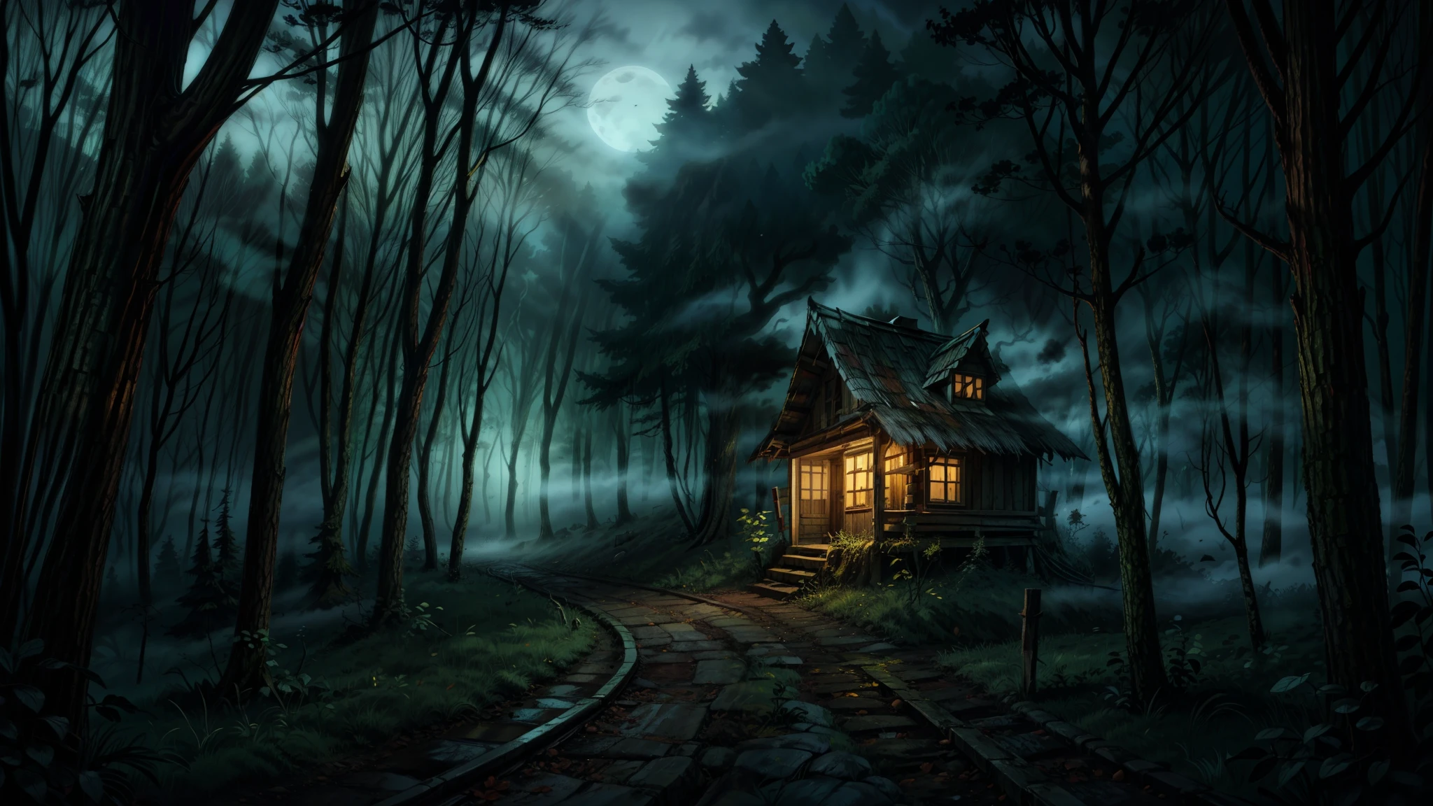 absurd resolution, high resolution, (obra de arte: 1.4), hiperdetalhe. A winding road snakes through a dense, gnarled forest, the trees casting eerie shadows over the darkened path. The air is thick with a misty fog, obscuring the view ahead and adding to the sense of foreboding. As the road twists and turns, the only sound is the crunch of gravel beneath your feet and the rustle of leaves overhead. In the distance, a dilapidated cabin looms out of the fog, a reminder of the isolation and danger of this eerie forest."