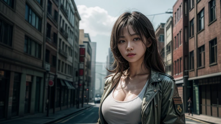 Original photo, (highest quality:1.3), High resolution, (masterpiece), (real:1.4), Professional photography, Sharp focus, High Dynamic Range, 8k resolution, Intricate details, Exquisite detail, Depth of written boundary, Highly detailed CG synthesis 8k wallpaper, masterpiece,Poster,highest quality,Official Art,(Beauty and aesthetics:1.2),(masterpiece:1.3),Dystopia Future City,Japanese female models,Age 25,Slender figure,Small breasts,Cleavage,(M-65 military jacket),White tank top,looking at the camera,(Mid-range lens:1.8),Volumetric Fog,rain,night,dramatic