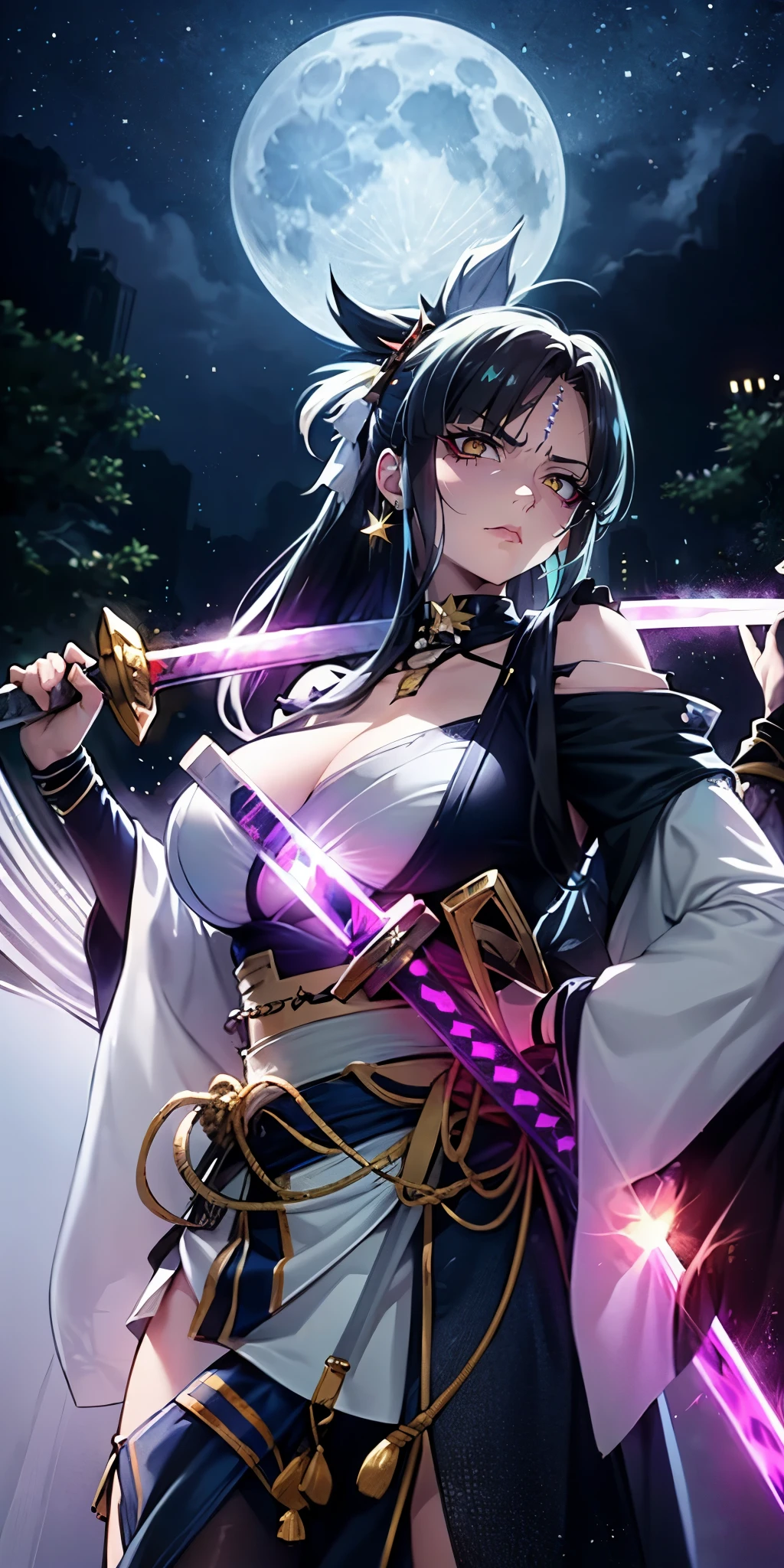 (long hair:1.3), (black hair:1.3), forehead, forehead mark, anatomically correct, heavy breathing, huge breasts, night, sword, weapon, 1girl, katana, night_sky, solo, japanese_clothes, sky, breasts, large_breasts, cleavage, wide_sleeves, sheath, earrings, star_(sky), over_shoulder, looking_at_viewer, detached_sleeves, moonlight, outdoors , michiko_tanaka_mahoushoujoniakogarete,michiko tanaka, (shaded face:1.2), hollow eyes, yellow eyes, looking at viewer, (heavy breathing:1.2), expressionless, glaring eyes, forehead mark, makeup, 