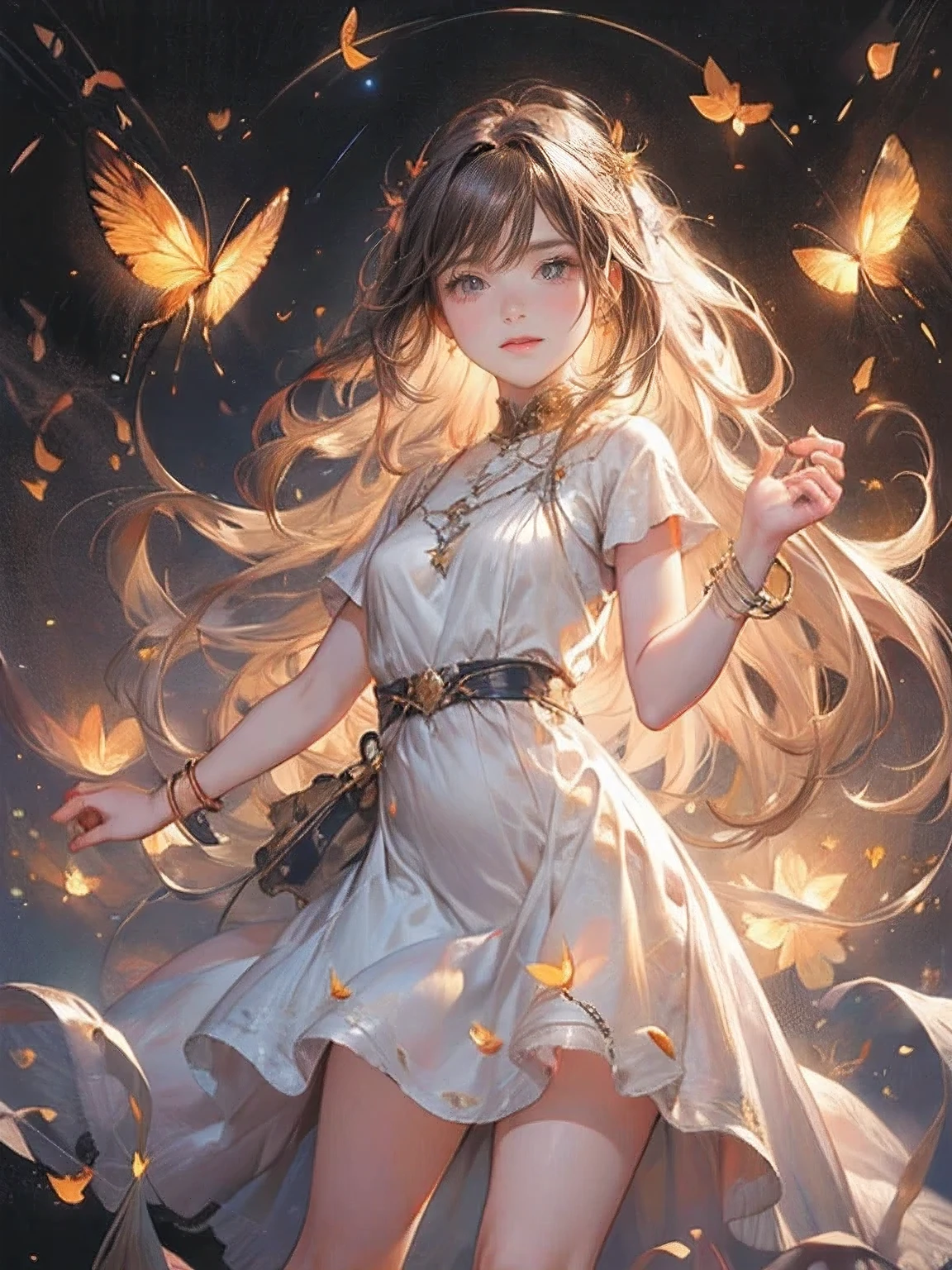 masterpiece:1.2,highest quality, highres, 16k, ultra-realistic:1.37, beautiful detailed, Beautiful girl, Standing in a beautiful posing, gently smile, flowing hair, Night Grassland, fireflies in hands, fireflies on hair, Many fireflies fly around:1.3, Fireflies dancing wildly:1.3, Countless fireflies:1.3, Trails of many fireflies:1.3, beautiful delicate(hair,eyes,pupils,white dress,anklet,knee,fireflies), sparkling eyes, shining lips, behind view