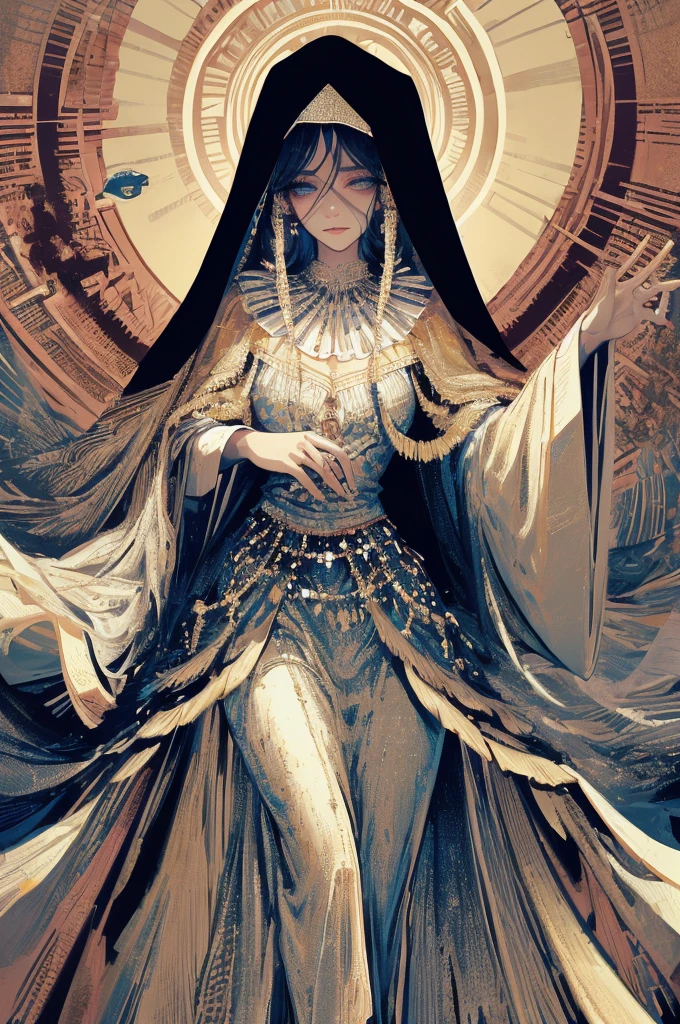((Masterpiece, Superb, Super Detailed, High Resolution)), solo, beautiful girl, sparkling eyes, perfect eyes, 15 years old, black and white gold theme, fortune teller robes, in gipsy tent, skirt, face veil, robe, cloak,