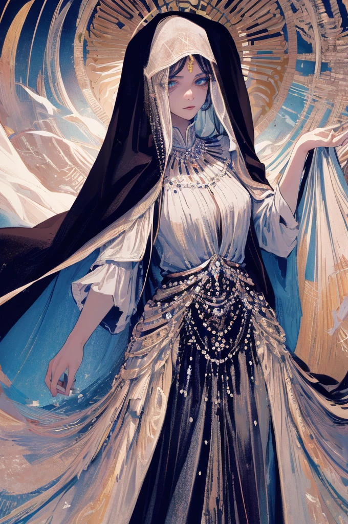 ((Masterpiece, Superb, Super Detailed, High Resolution)), solo, beautiful girl, sparkling eyes, perfect eyes, , black and white gold theme, fortune teller robes, in gipsy tent, skirt, face veil, robe, cloak,
