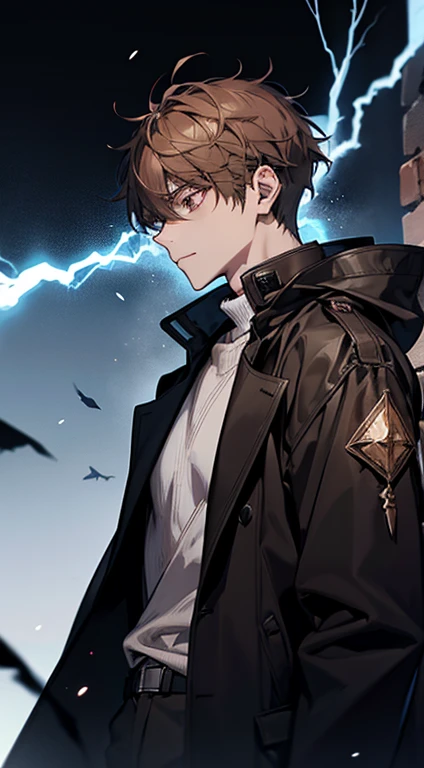 20歳のmens子1人, aura, Biribiri, black_background, Bi色_eye,Biく光るeye,Bi_fire, zone, Brown Hair, anger, coat, crystal, electricity, energy, burn, _BlAnd_eye, lightning, length_sleeve, look up_in_Audience, magic, mens_concentrated, black_coat, simple_background, 一人in, bodyの上部_body, white_